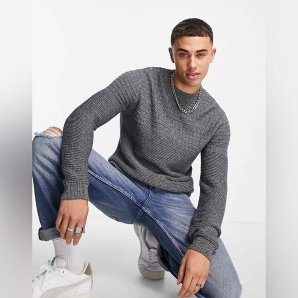 Selected Homme Men's twisted knit LS crew sweater jumper heather grey charcoal M - Picture 1 of 7